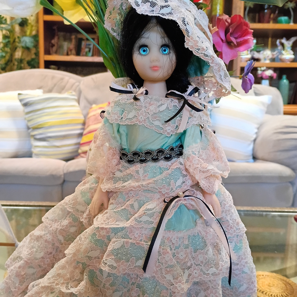 Vintage Doll with Lace Dress and Hat